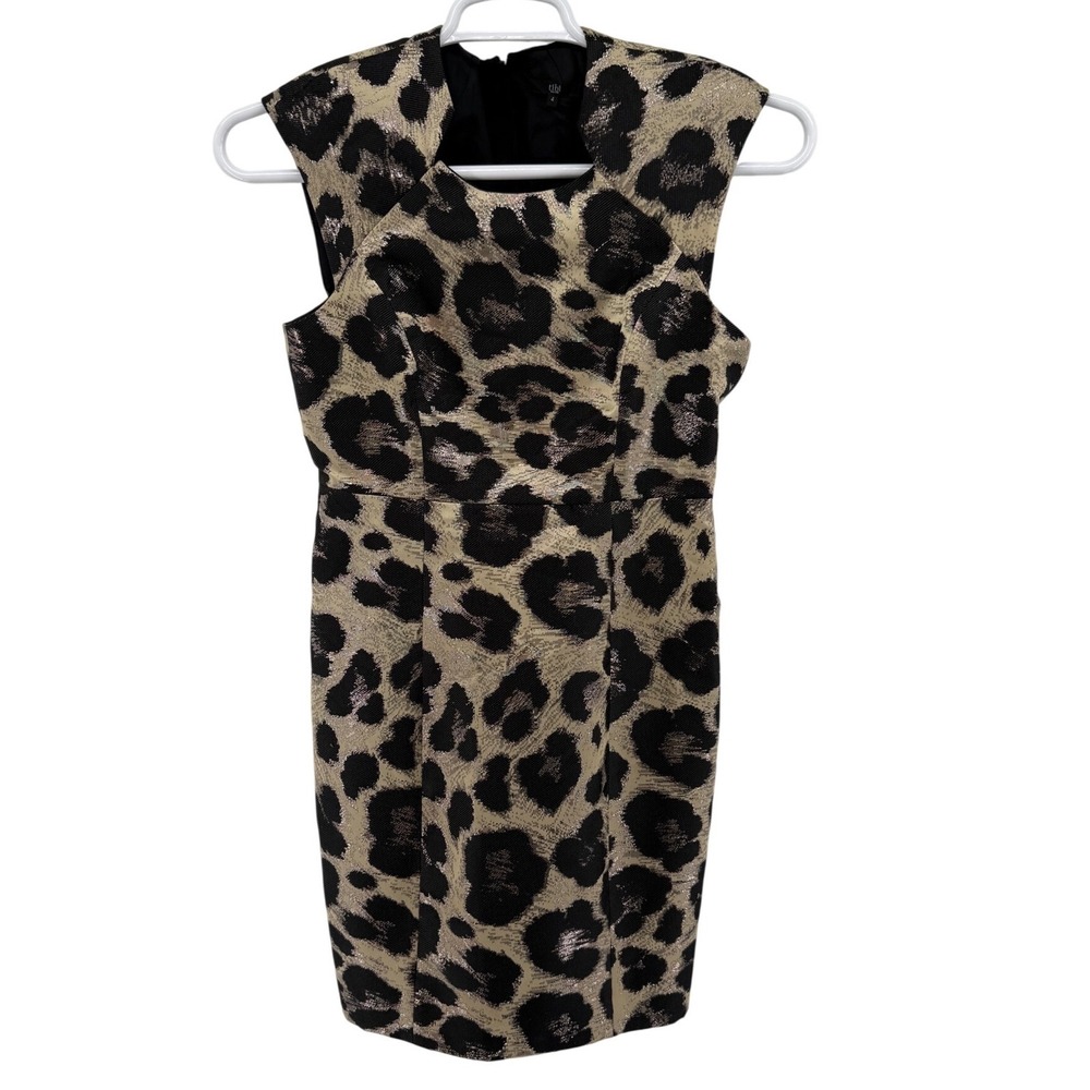 Tibi New York Metallic Leopard Jacquard Sheath Dress Gold Black Notched‎ Neck 4